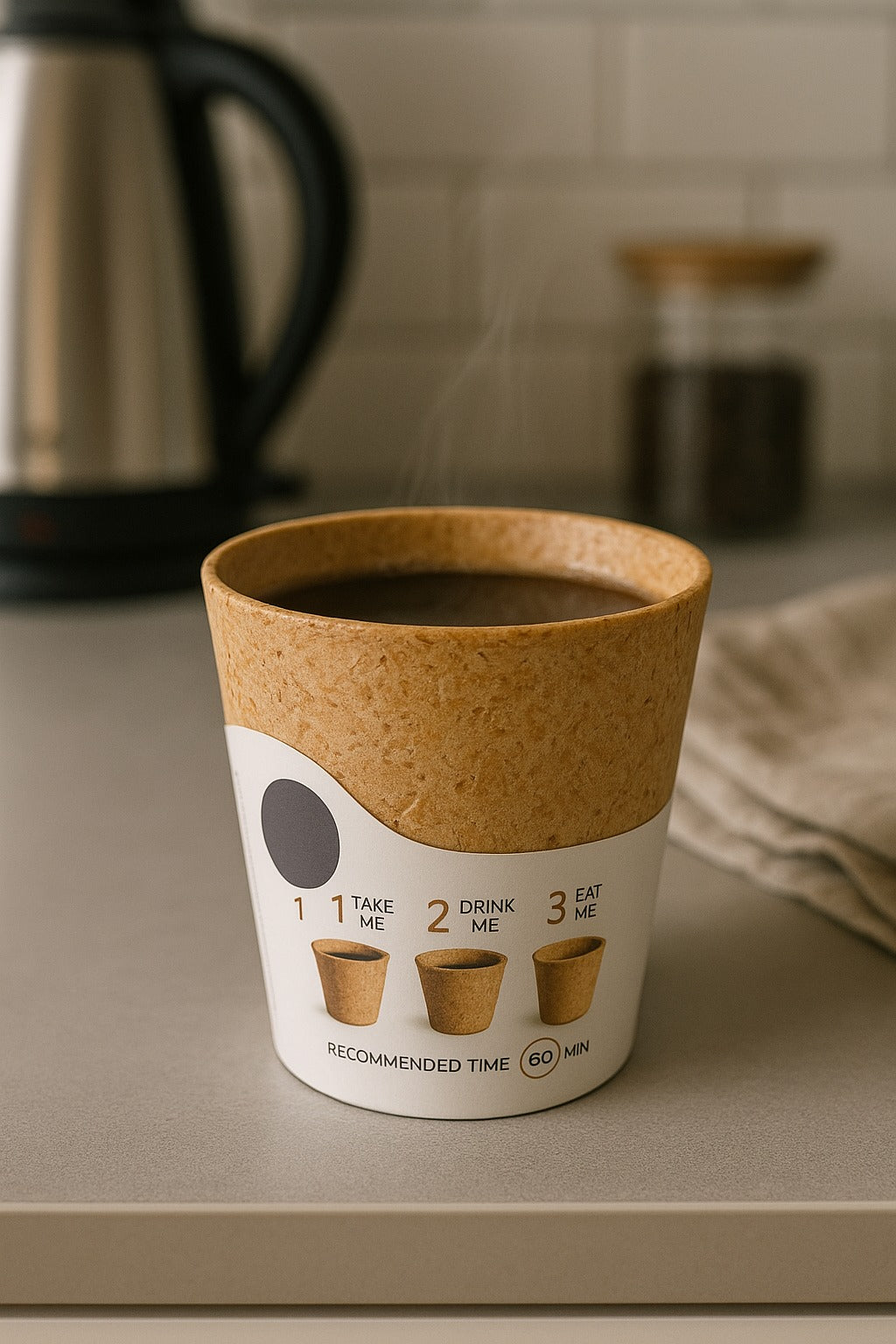 Biodegradable coffee cup with wooden lid on a kitchen counter