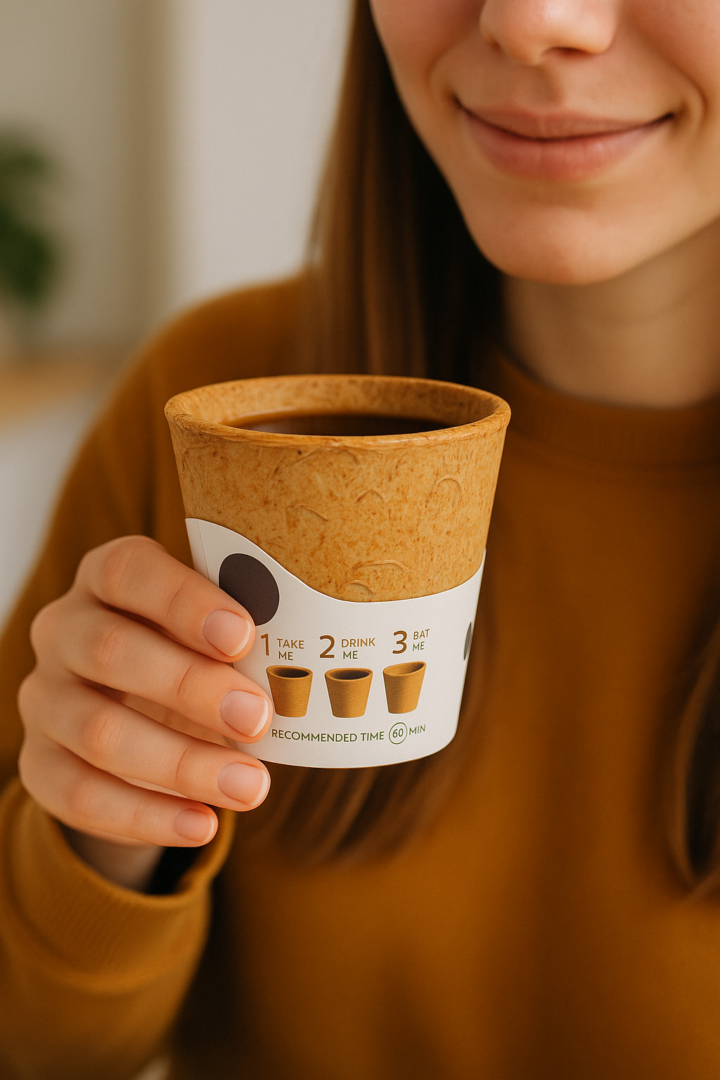 Person holding a compostable coffee cup with a visible brand logo.