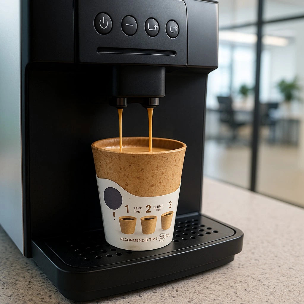 Edible coffee cup under coffee machine