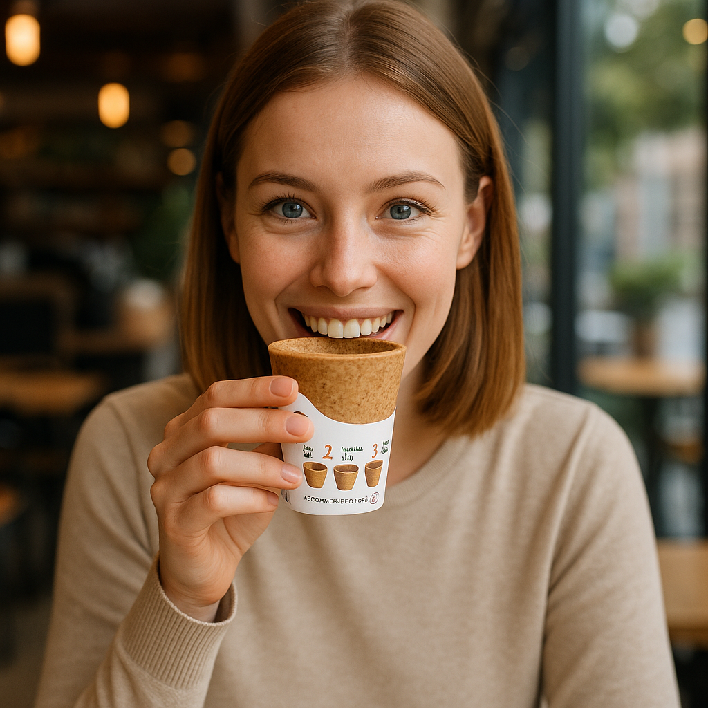 Person holding an edible coffee cup