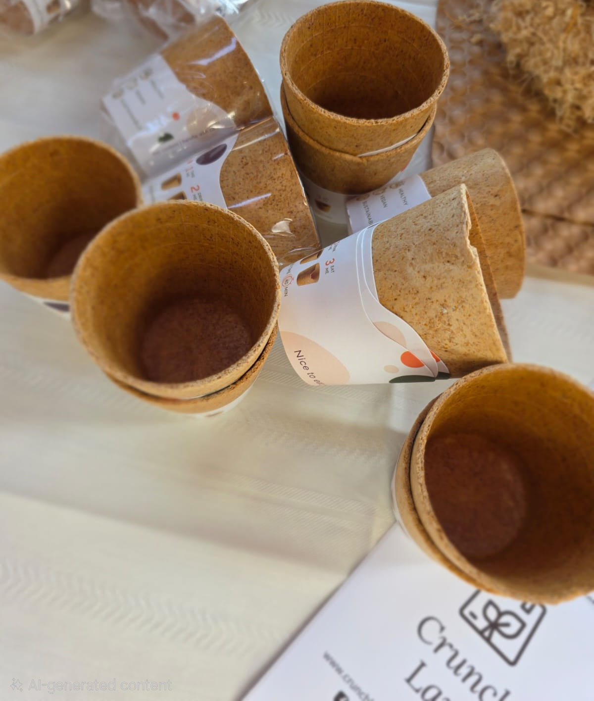 Brown paper cups on a textured surface with a visible brand label.